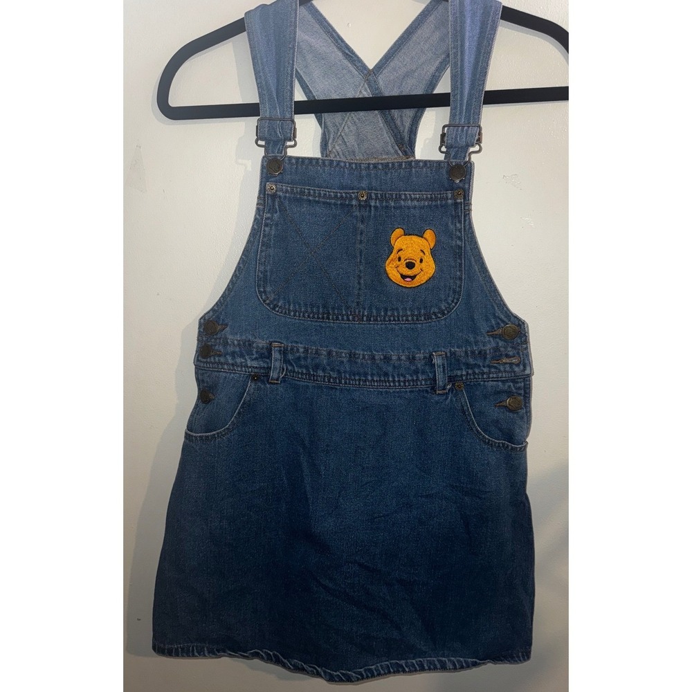 Vtg Pooh Denim Overall Dress Kids Medium Winnie the Pooh Blue Jumper Cotton